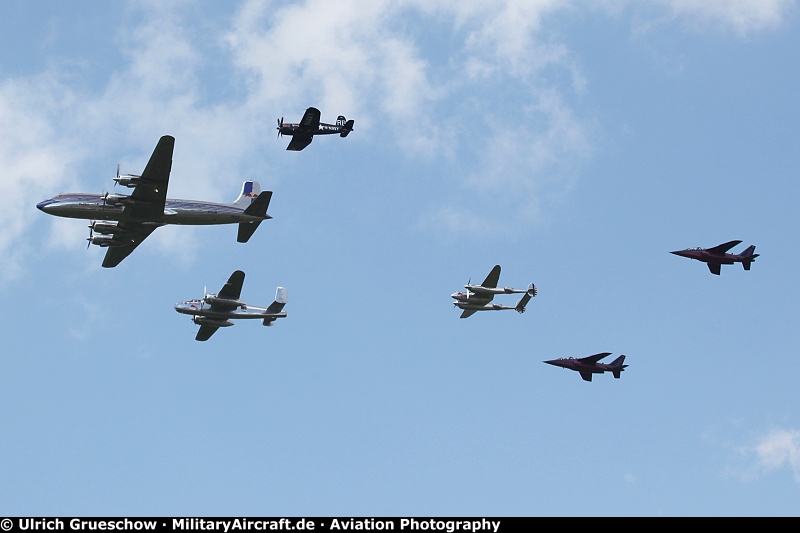 A fly-by of aircraft and helicopter of the Flying Bulls based at Salzburg, Austria.