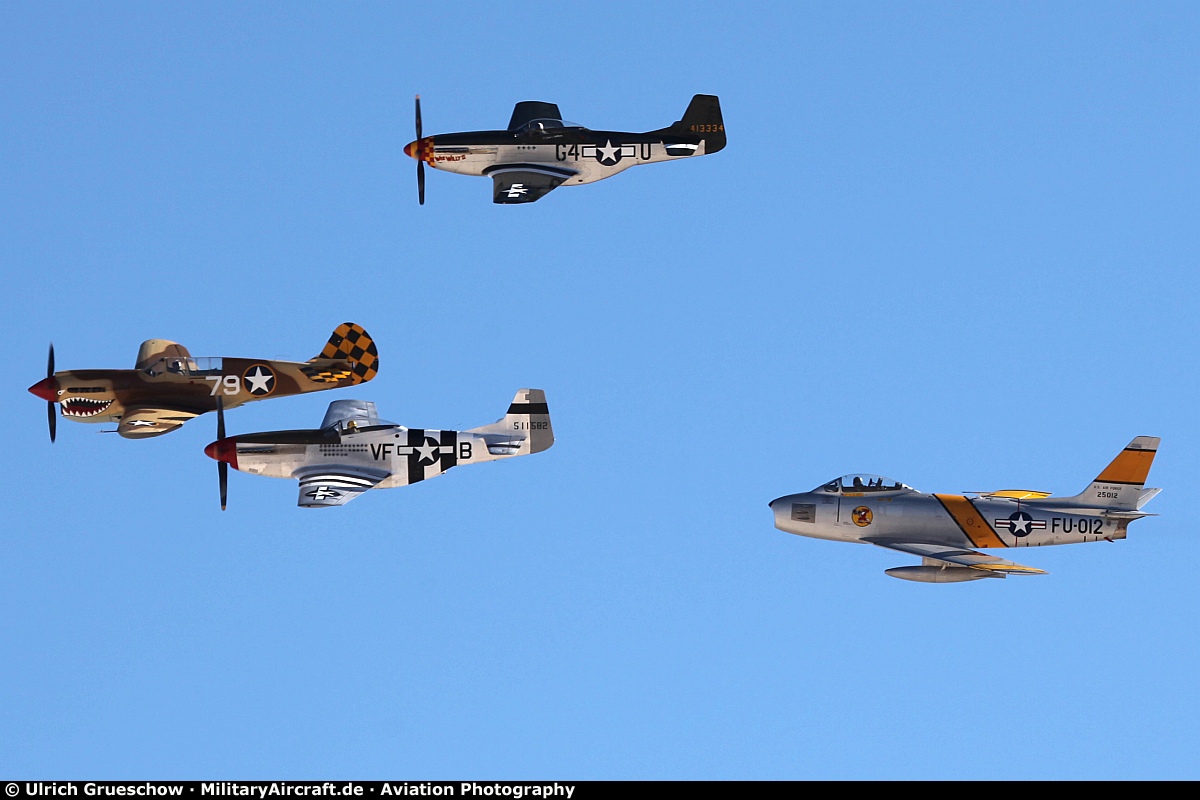 F-86 Sabre, P-40 Warhawk, and P-51 Mustang