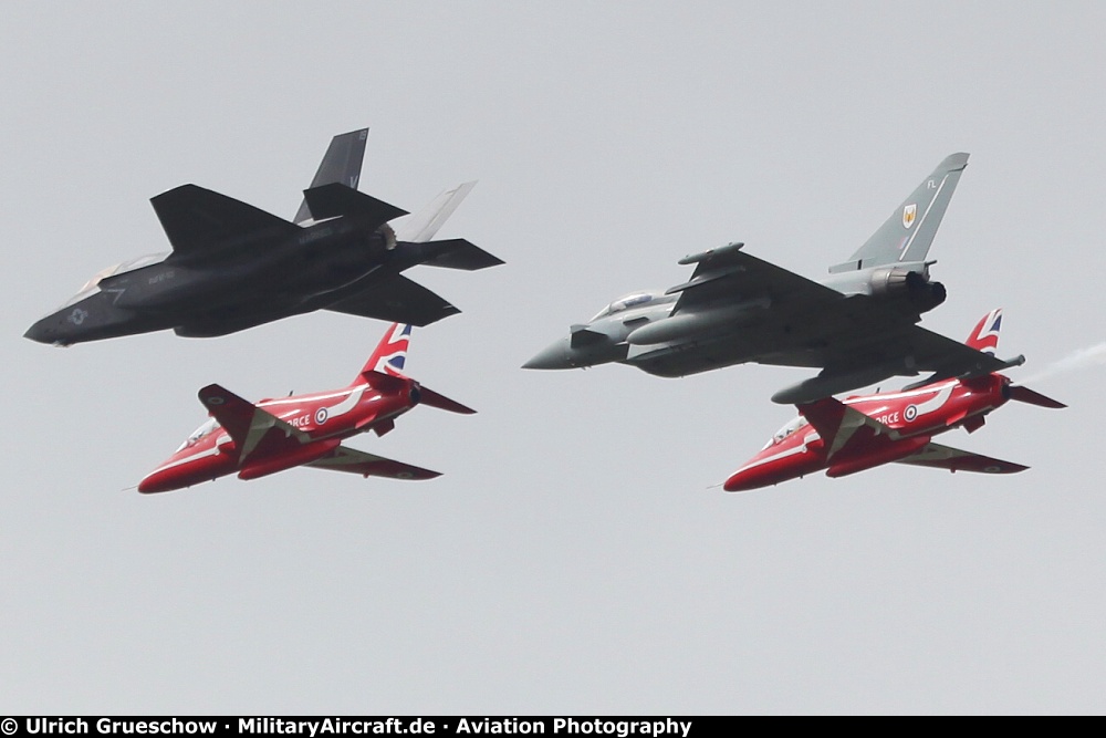 Lockheed Martin F-35A Lightning II pictures during a Flypast with the Red Arrows and Eurofighter EF-2000 Typhoon